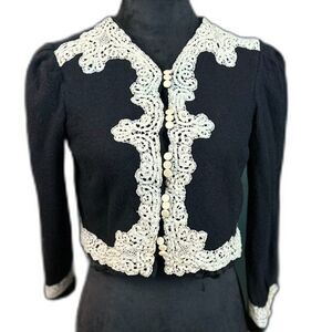 VNTG 80's Marie St. Claire Blk Wool Cropped Long Sleeve Jacket with Lace Size 6